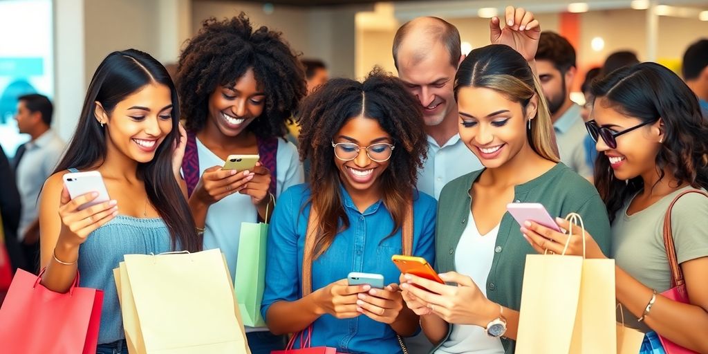 مشتریان در حال خرید از طریق موبایل با خوشحالی