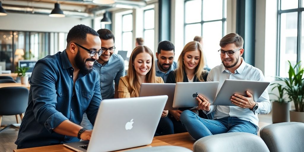 گروهی از مالکان کسب‌وکار در حال کار با لپ‌تاپ