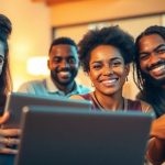 گروهی از افراد متنوع با لبخند در حال کار بر روی لپ‌تاپ