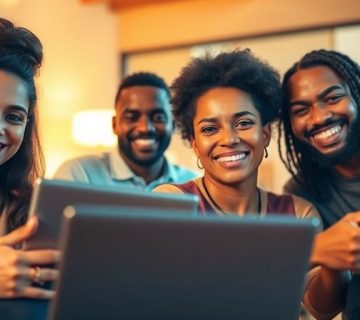 گروهی از افراد متنوع با لبخند در حال کار بر روی لپ‌تاپ