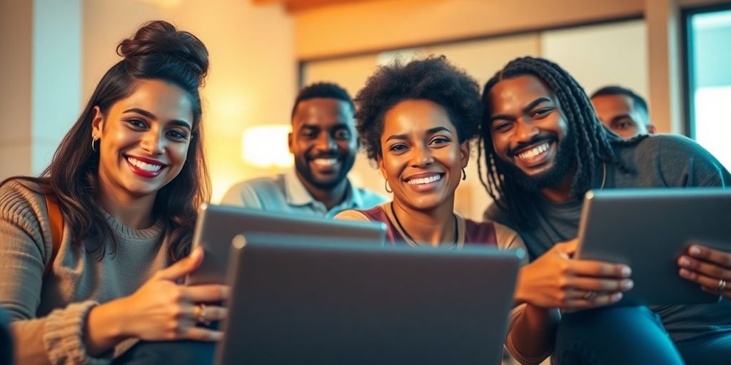 گروهی از افراد متنوع با لبخند در حال کار بر روی لپ‌تاپ