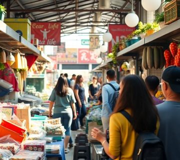 بازار شلوغ با فروشندگان و مشتریان متنوع