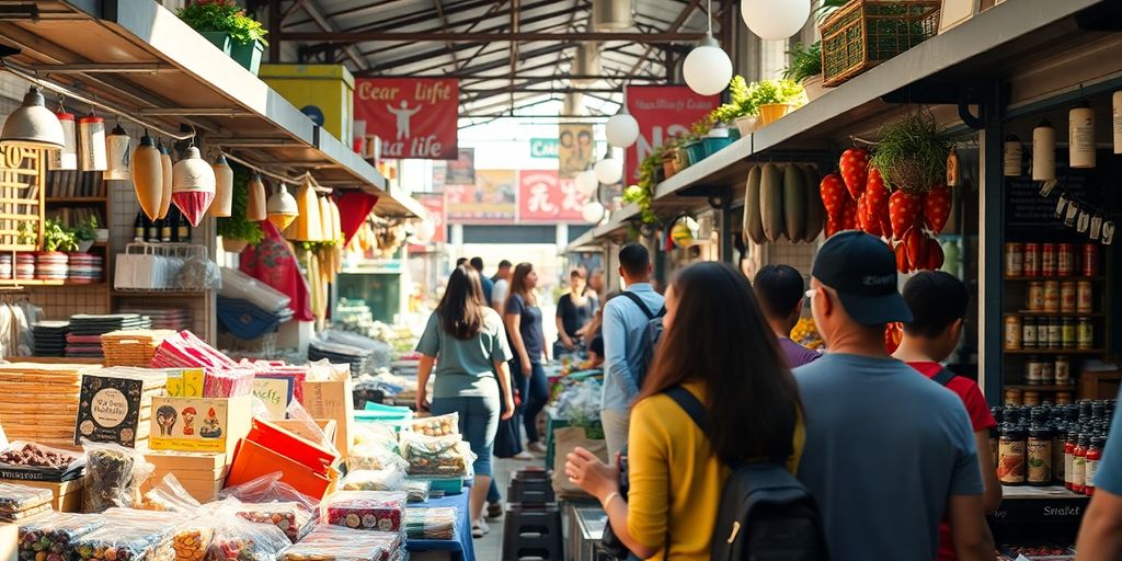بازار شلوغ با فروشندگان و مشتریان متنوع