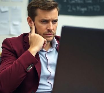 صاحب کسب‌وکار نگران در حال فکر کردن به سایت