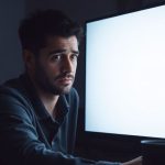 فردی نگران در حال نگاه به صفحه خالی کامپیوتر