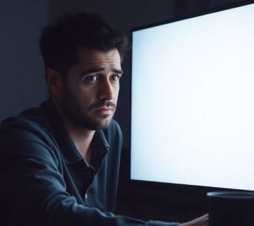 فردی نگران در حال نگاه به صفحه خالی کامپیوتر