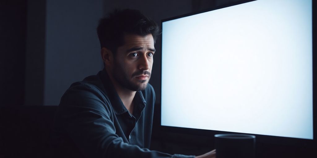 فردی نگران در حال نگاه به صفحه خالی کامپیوتر