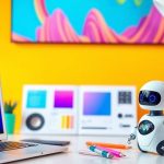 فضای کار با لپ‌تاپ و ابزار طراحی رنگارنگ