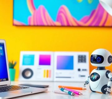 فضای کار با لپ‌تاپ و ابزار طراحی رنگارنگ