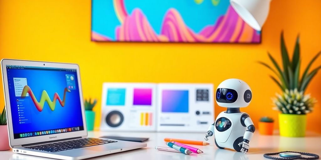 فضای کار با لپ‌تاپ و ابزار طراحی رنگارنگ