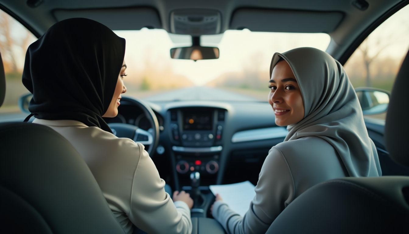 عکس آموزشگاه رانندگی با خودرو و معلم خانم.